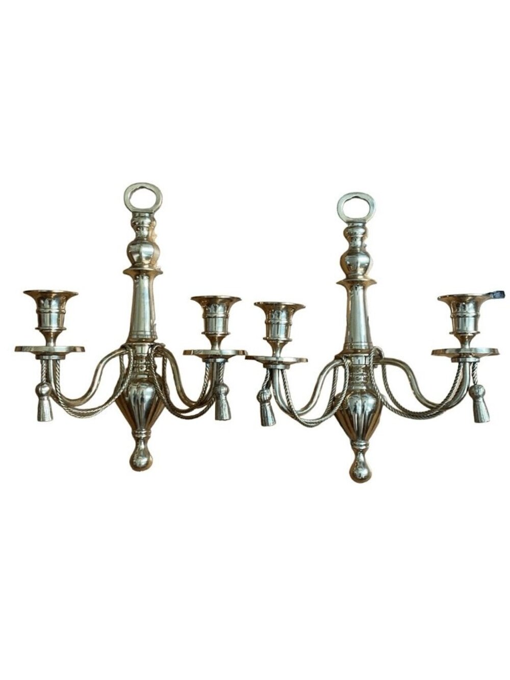 Vintage Set of 2 Solid Brass Tassel Rope Double Arm Wall Sconces 13" tall